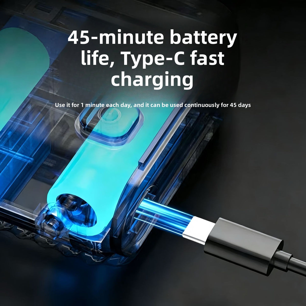 Cutaway view of a mini electric shaver battery and a USB cable plugged in for charging