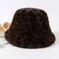 Espresso brown leopard print plush bucket hat with dense dark spots and a short brim