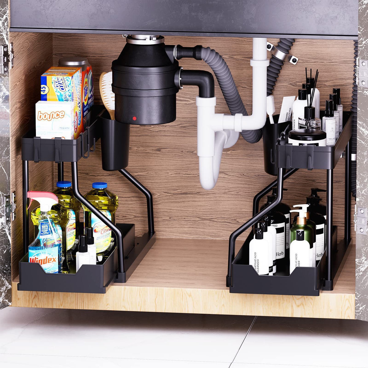 Set of two storage racks lined up side by side under a sink