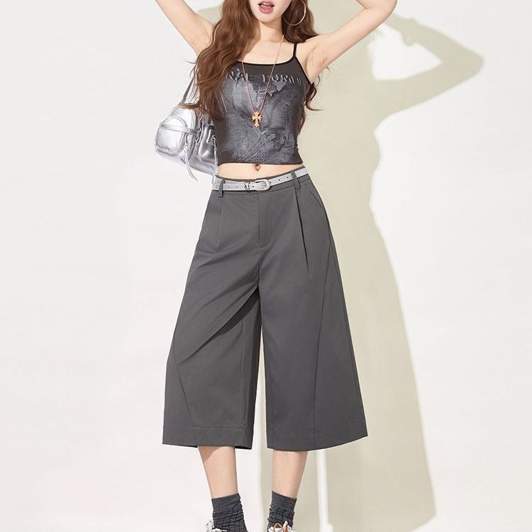 Cropped wide leg suit pants shown in light gray, black and dark gray