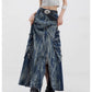 Front view of the vintage washed denim maxi skirt, floor skimming hem with a center walking slit