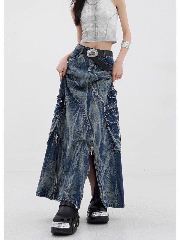 Front view of the vintage washed denim maxi skirt, floor skimming hem with a center walking slit