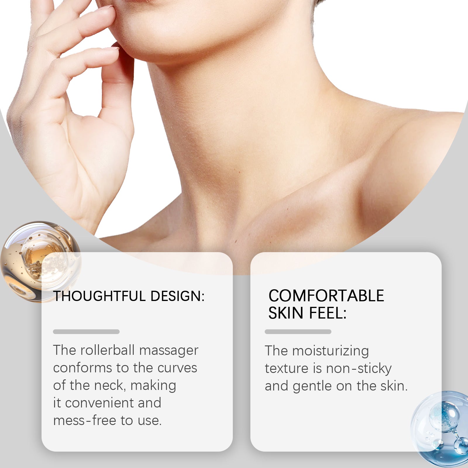 Close view of the metal rollerball cap with notes on the smooth non-sticky moisturizing cream texture