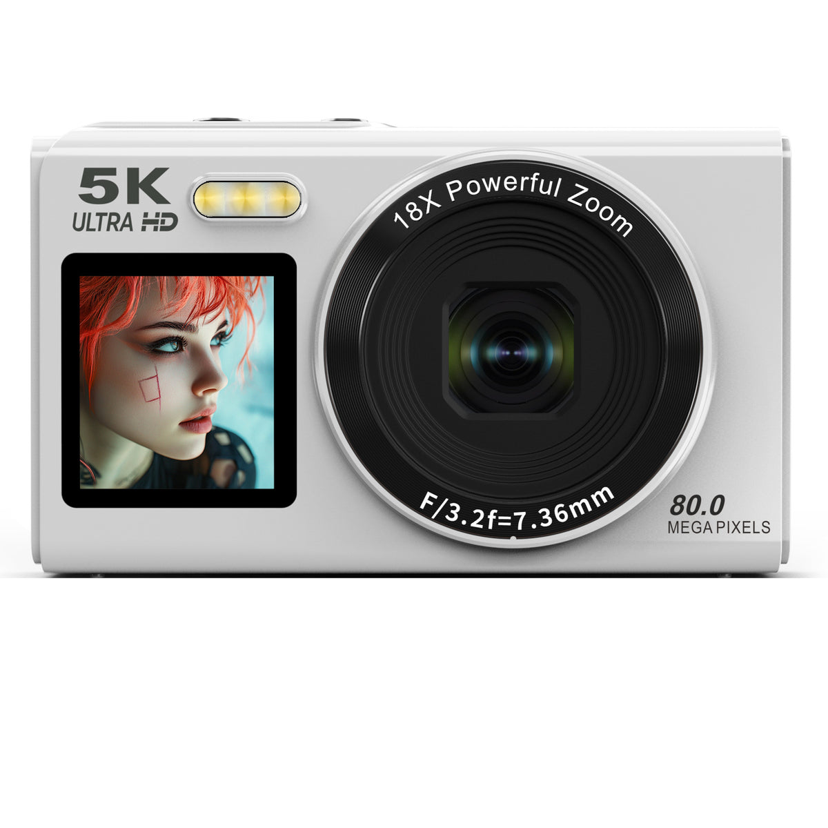 White compact dual screen camera front view with a small screen, flash and 18X zoom lens, option photo for White