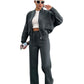 Womens fleece zip jacket and wide-leg pants set worn by a model, back view