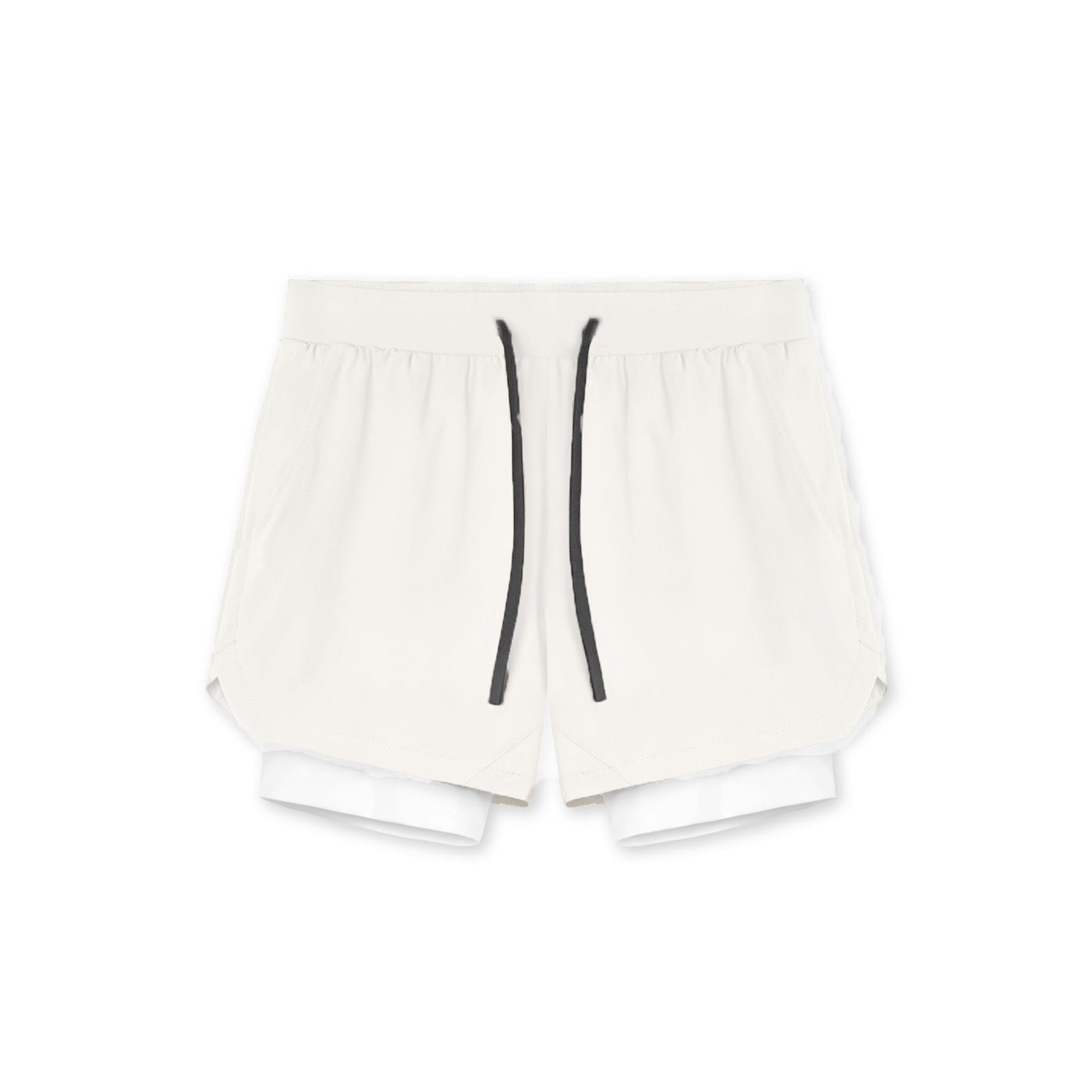 Two in one training shorts in ivory white shown flat with the inner liner, drawstring close view