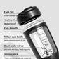 Clear Tritan shaker cup showing the printed measuring scale up the side