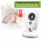 White baby monitor camera beside a sleeping baby in a knit hat with a room temperature thermometer icon
