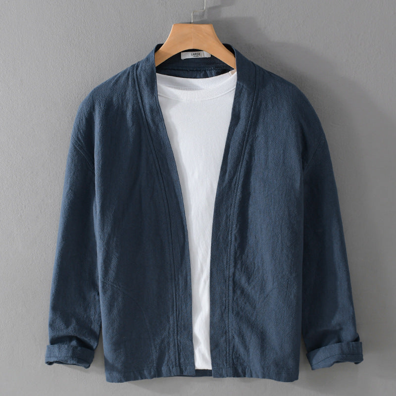 Dark blue ramie blend open front jacket with a stand collar and roll back cuffs