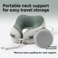Sage green and cream U shaped neck pillow beside a round gray storage box, adult size, EVA storage box option