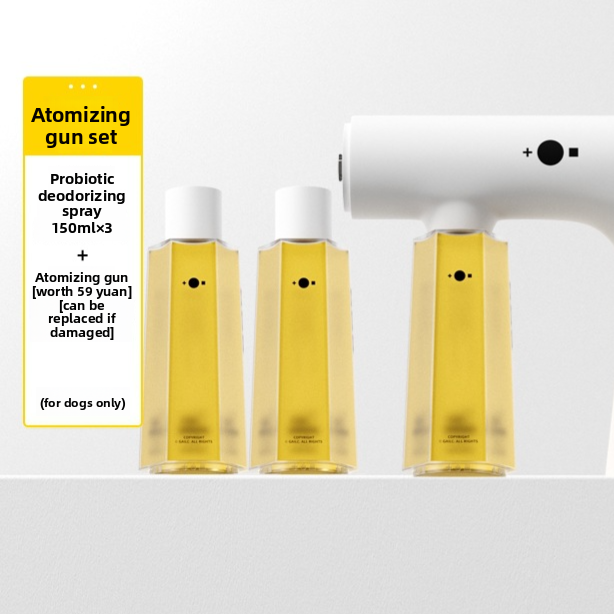 Dog formula set of three 150 ml probiotic deodorizing bottles beside the white atomizer gun