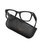 Black MT5 smart glasses with clear lens and temple camera resting on a black leather charging case