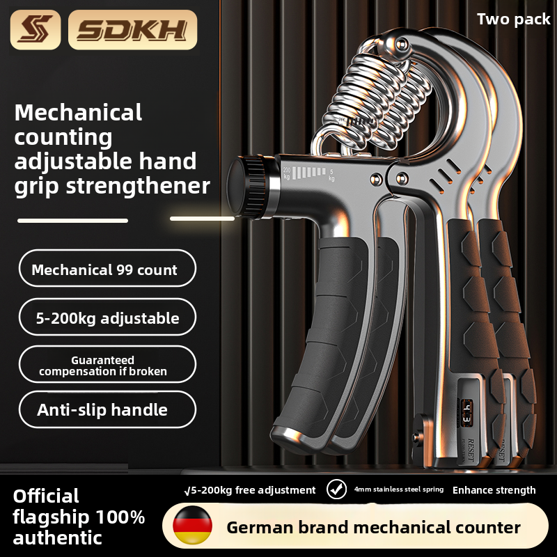 Grip strength trainer shown with its adjustable dial and heavy duty steel spring