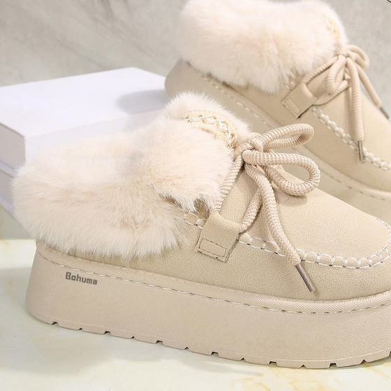 Women's Platform Moccasin Shoes with Plush Fur Collar and Bow Lace
