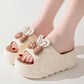 Womens platform slides, khaki rabbit ear platform slide worn