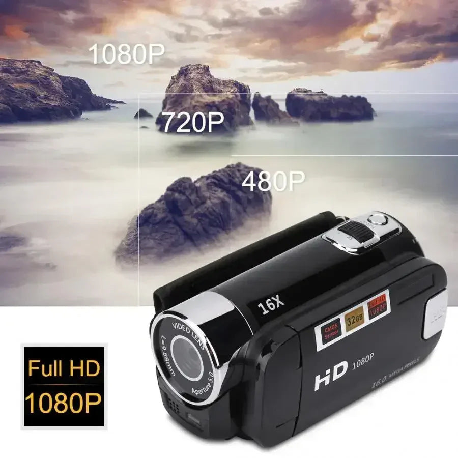 Black handheld camera shown against a rocky seascape with 1080P, 720P and 480P resolution labels and a Full HD badge