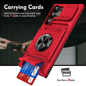 Maker panel showing two bank cards sliding out of the tray in the base of a red case