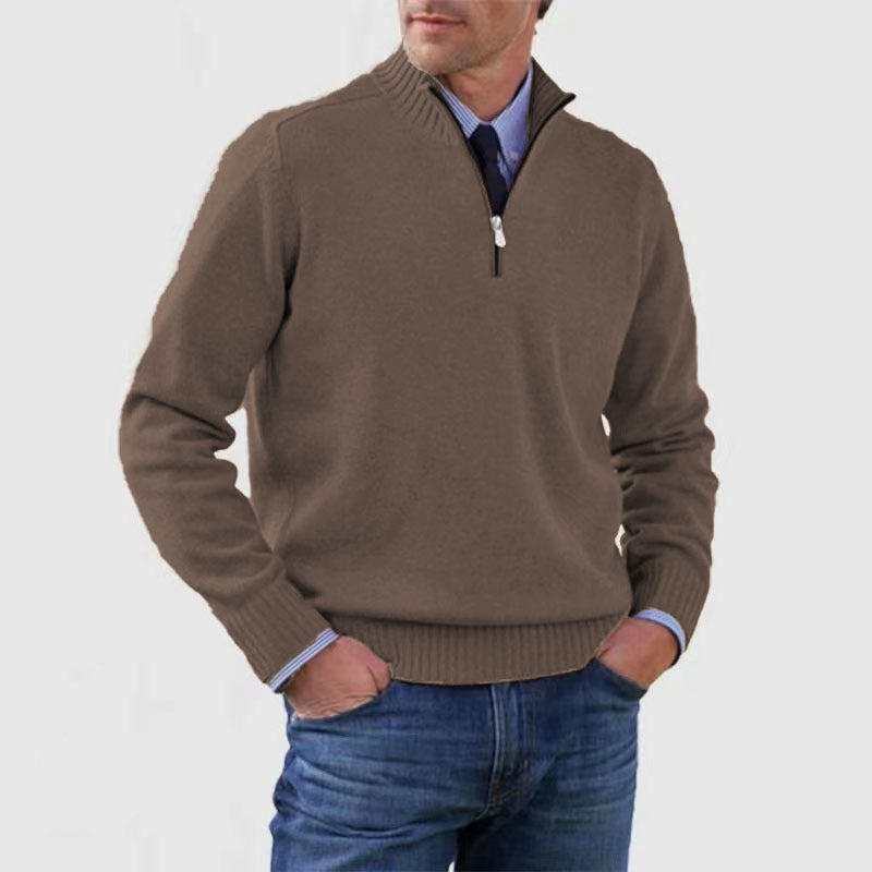 Brown mens acrylic knit quarter zip stand collar pullover sweater worn by a standing male model