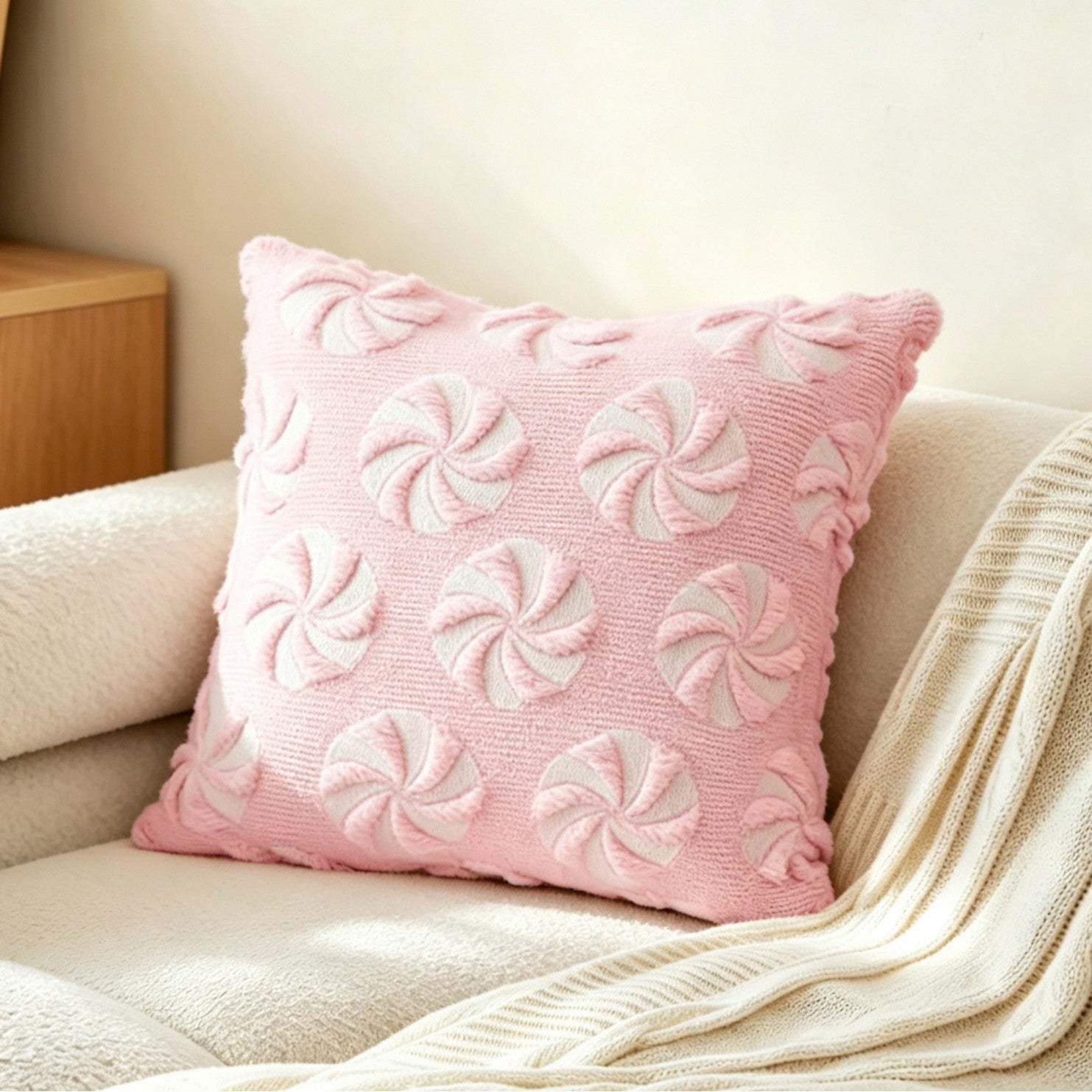 Plush carved cushion cover with a clover pattern raised on the plush face, view 48