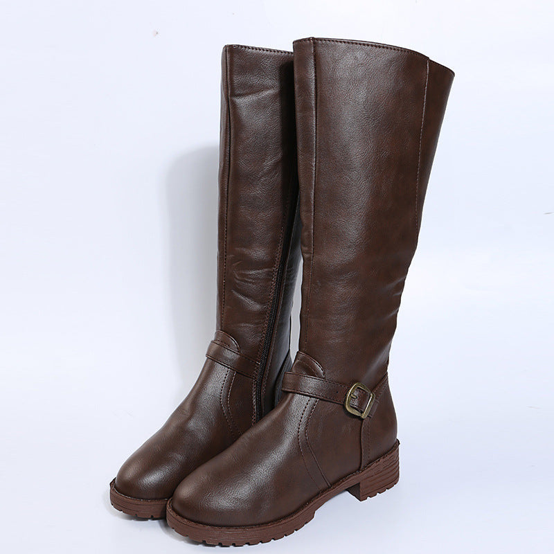 Brown option, size 37: pair of knee high vegan leather riding boots with ankle buckle strap and low block heel