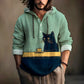 Man wearing a teal hooded henley shirt with a black cat and a coffee cup print