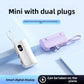 White and purple mini capsule power banks with lanyard loops under the headline Mini with dual plugs