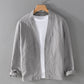 Gray ramie blend open front jacket with a stand collar and roll back cuffs