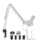 White aluminum microphone boom arm folded on its desk clamp beside the included accessory set
