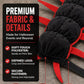 Close view of black padded costume segments with red legs and a black hook and loop strap beside a feature list
