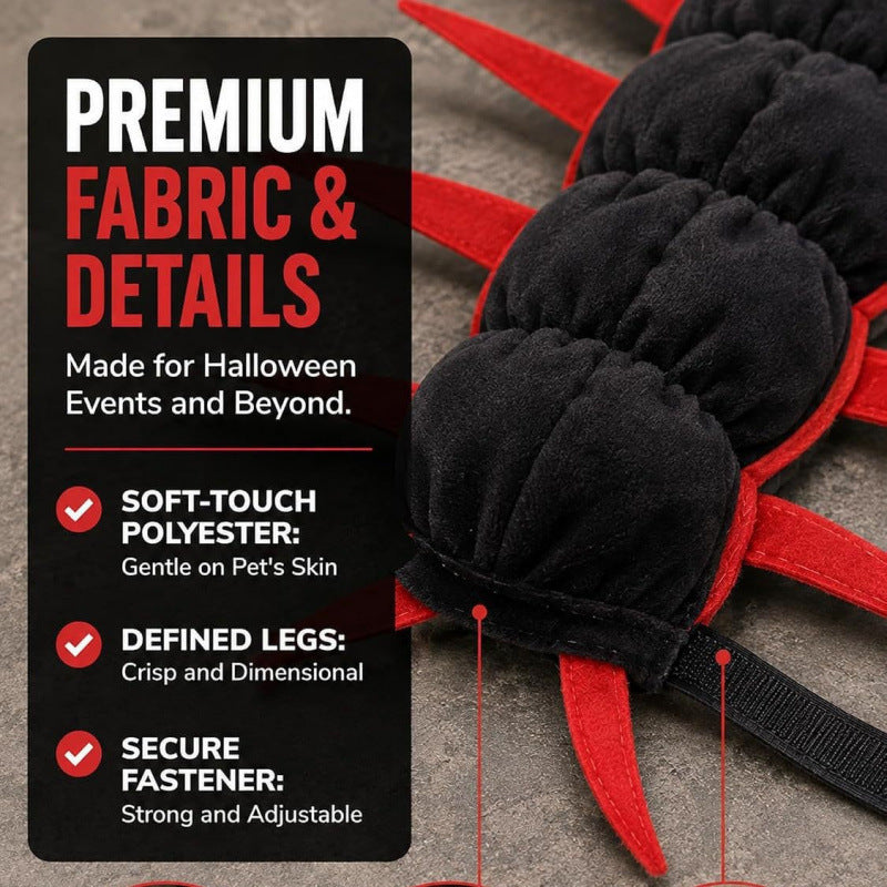 Close view of black padded costume segments with red legs and a black hook and loop strap beside a feature list