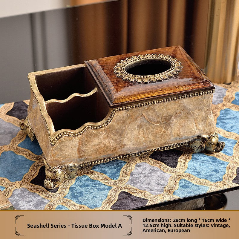 Wood grain resin decor piece trimmed in antiqued gold tone with a cream pearl shell inlay body