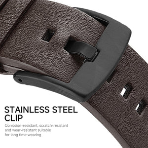 Dark brown leather watch strap with a black pin buckle and stainless steel clip