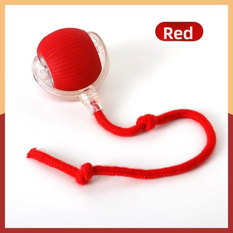 Red silicone rolling cat ball with a knotted red rope tail, labelled as the red colour option