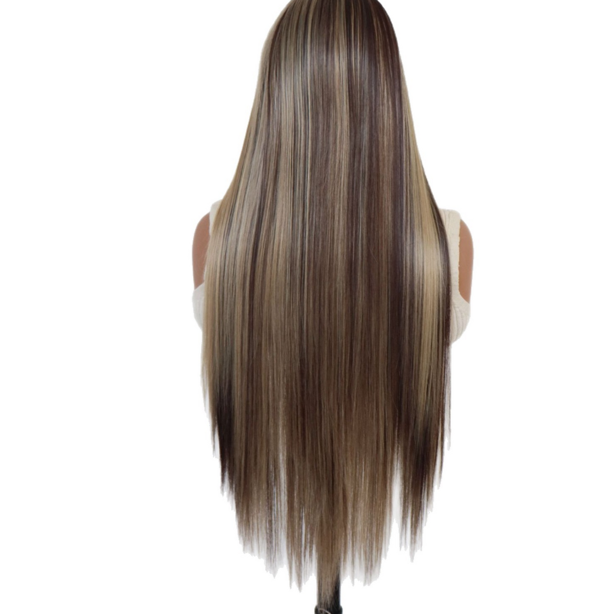 Back view of a long straight synthetic wig with brown and blonde highlights on a mannequin against a white background