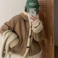 Womens Hooded Vegan Suede Sherpa Lined Toggle Jacket