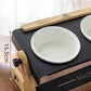 White ceramic bowl in the black metal tray of the double pet bowl stand with a 15.5 cm height marking, White 1pcs option
