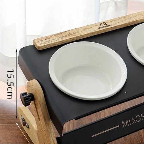 White ceramic bowl in the black metal tray of the double pet bowl stand with a 15.5 cm height marking, White 1pcs option