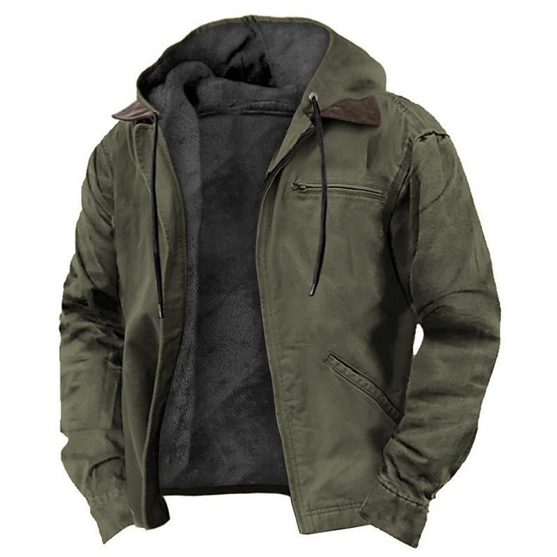 Army Green option, size L: hooded zip jacket with black fleece lining and drawstring hood