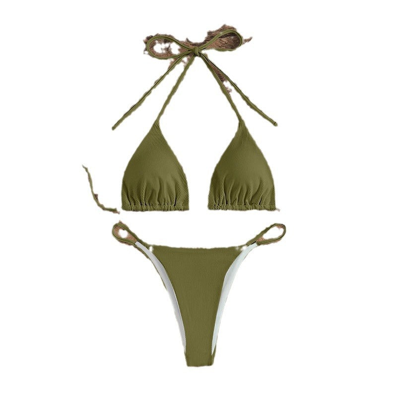 Olive green halter triangle bikini set with tie side briefs laid flat on a white background