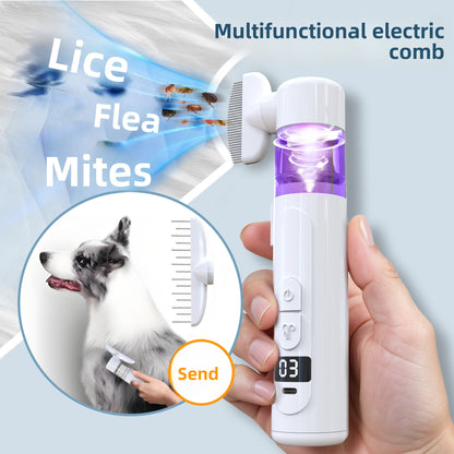 White electric pet grooming comb with fine tooth flea comb head held in hand