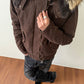 Dark brown hooded jacket with plush lined hood and fur trim, option photo for size M, zip front