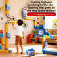 Child running the electric railcar on a magnetic track built up a wall with suction cup supports