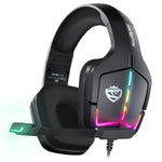 Wired RGB gaming headset in black shown on a gaming desk setup