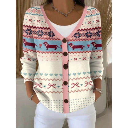 Women's V neck button front knit cardigan shown open over a white top with wooden buttons