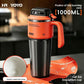 Orange insulated travel mug beside an inset showing its white ceramic coated inner lining