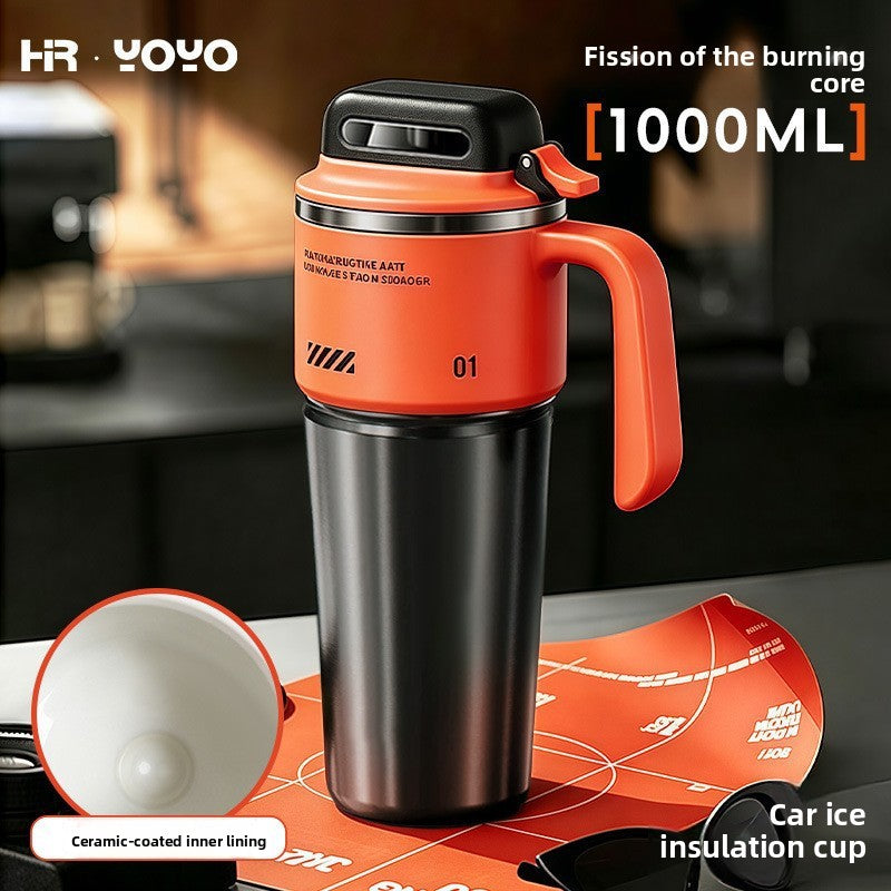 Orange insulated travel mug beside an inset showing its white ceramic coated inner lining