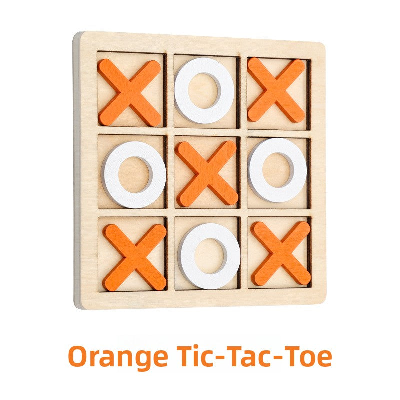 Orange set wooden tic tac toe board game, orange crosses and white rings in a natural wood grid