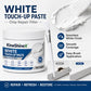 White touch up paste tub and brush with before and after panels showing a filled chip on white trim