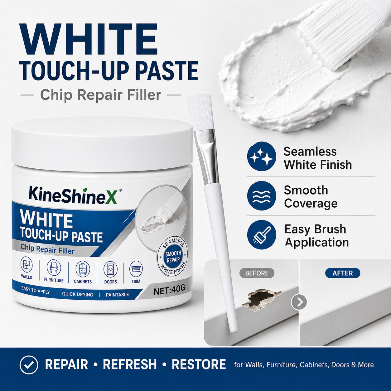 White touch up paste tub and brush with before and after panels showing a filled chip on white trim