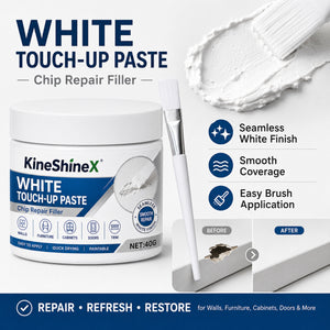 White touch up paste tub and brush with before and after panels showing a filled chip on white trim